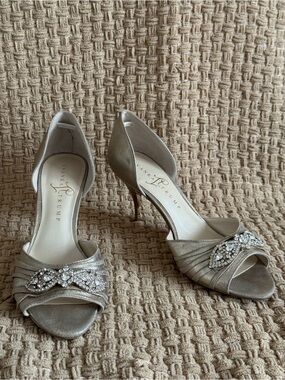 Ivanka Trump Silver Metallic Crystal D'Orsay Peep-Toe Heels